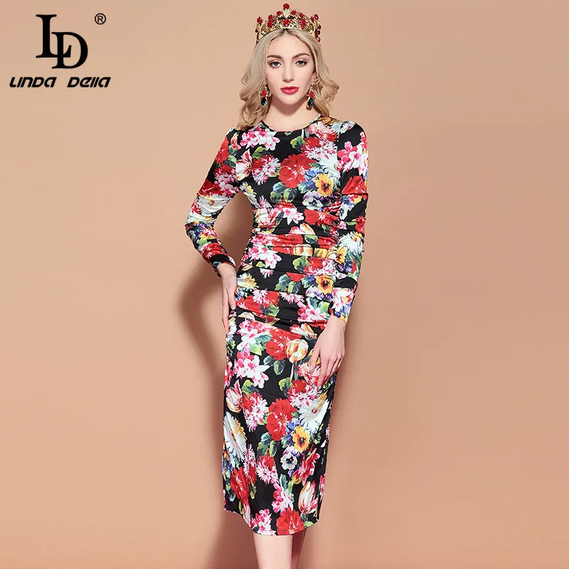 LD LINDA Делла, весеннее модное сексуальное обтягивающее платье, женское, с длинным рукавом, с оборками, с рюшами, цветочный принт, вечерние, миди, облегающее платье-карандаш