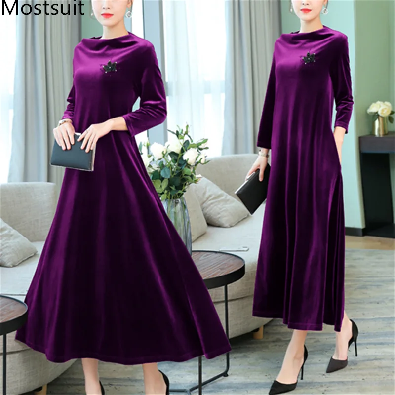 

2019 Autumn Vintage Velvet Long Maxi Pleated Dress Women Plus Size Long Sleeve A-line Office Elegant Loose Vestidos Dresses