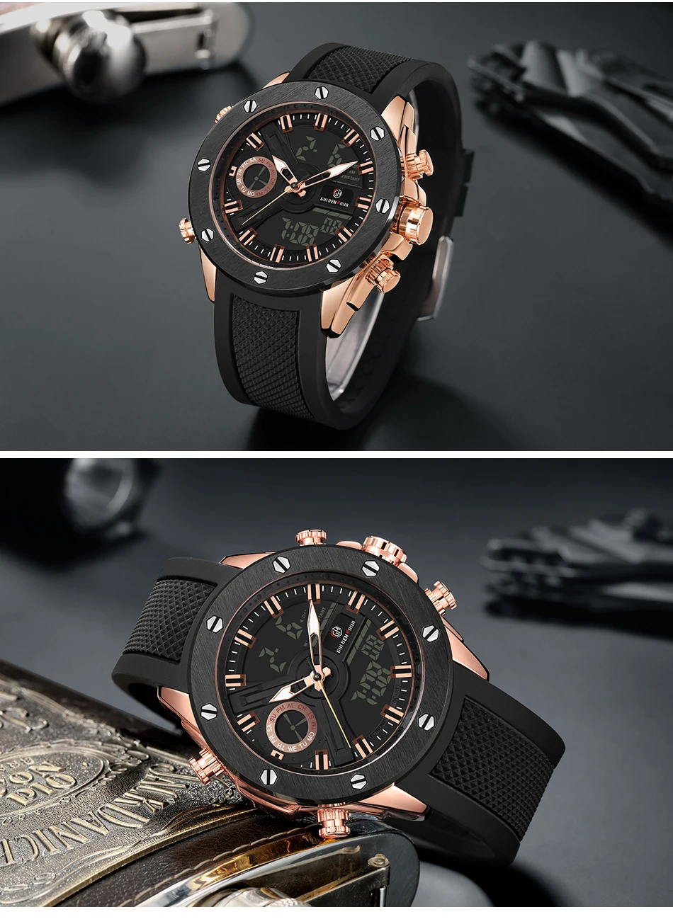 GOLDENHOUR Мужские Аналоговые Цифровые кварцевые часы мужские армейские военные часы с двумя дисплеями мужские модные роскошные черные наручные часы