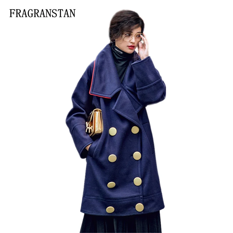 

Autumn Winter Vintage Double Breasted Metal Button Woolen Coat Female New Fashion Casual Loose Office Lady Style Vestidos JQ369