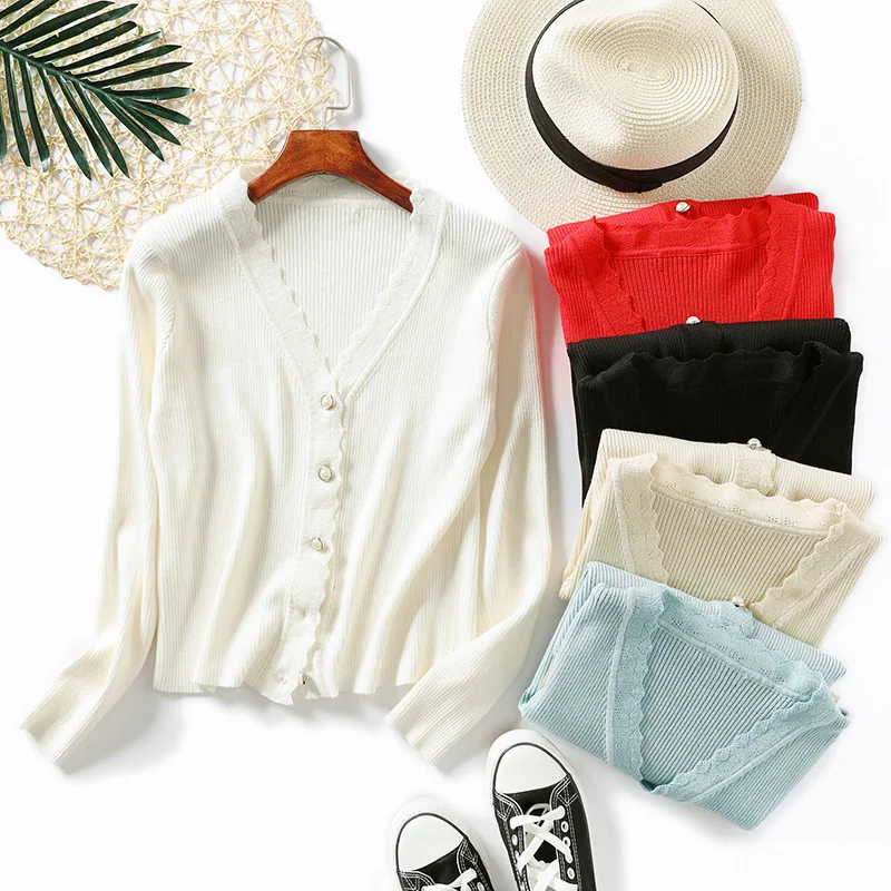 2019 Autumn Winter Korean Sweater Women Button V-neck Wave Long Sleeve Slim Sweater Female Crochet Knitted Cardigan Outside Coat