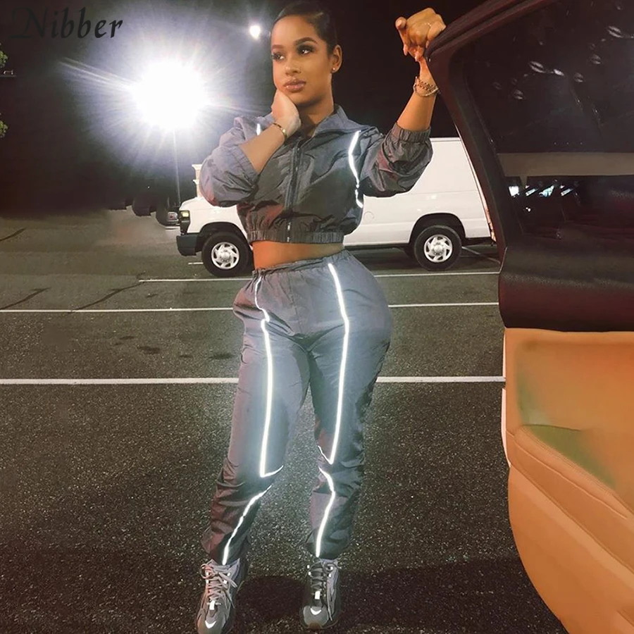 

Nibber autumn fashion basic Reflective Active Wear 2two pieces sets women2019wild casual coat Thin jacket Sweatpants suits mujer
