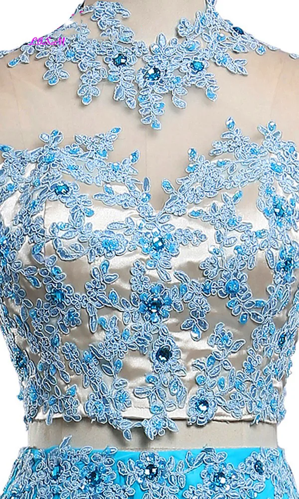 Two Pieces Appliques Chiffon Long Prom Dresses High Neck Beaded Open Back Formal Dress Real Photos Sky Blue Bridesmaid Gowns