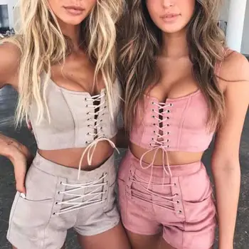 

New 2018 arrival Women Sleeveless Bandage Cross Short Tops Shirt Short Pants Shorts Clothes Set