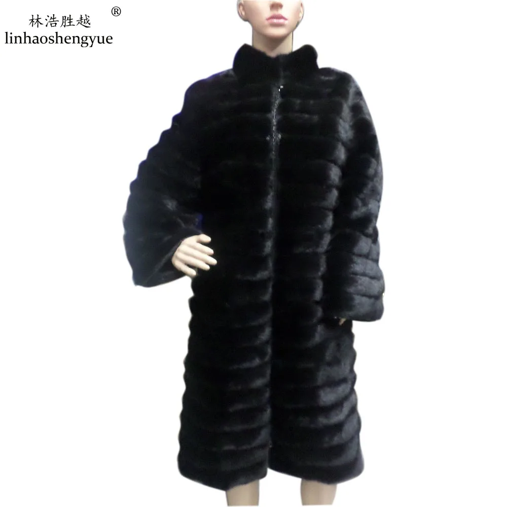 

Linhaoshengyue 100 cm long real Mink fur coat long sleeve with stand collar