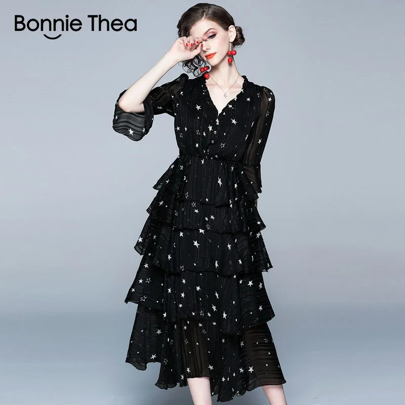 Bonnie Thea женское летнее черное элегантное платье с принтом звезд сексуальное