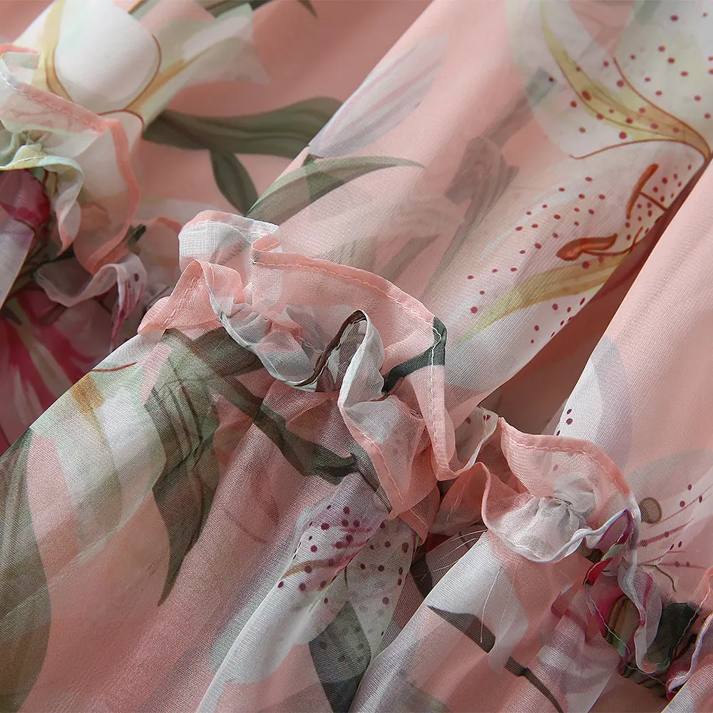 Европейское дизайнерское женское платье для подиума летнее элегантное розовое платье с оборками и цветочным принтом кружевной шифоновый лоскут Плиссированное длинное платье