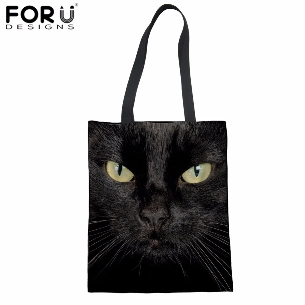 

FORUDESIGNS Women's Bag Black Cat Printing Shopping Bag Ladies Grocery Bag Teenager Girls Daily Canvas Bolsa Fashion Eco Bag New
