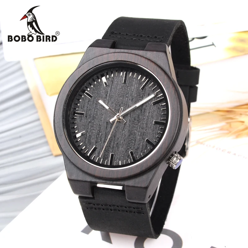 BOBO BIRD Watches Men Genuine Leather Band Black Wood Watch Japan Move' Quartz Wood Wristwatches relogio masculino C-B12