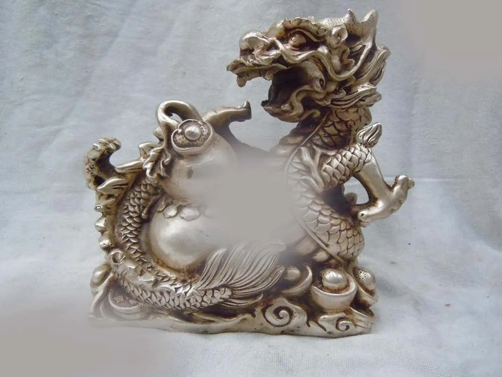 

DS 6" China silver carved finely dragon play bead Sculpture statue