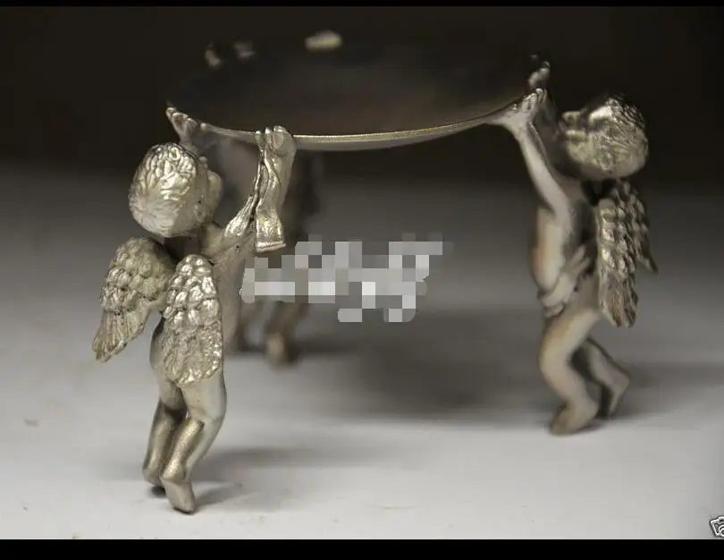 

6711030+++CHINESE SILVER RELIGION FOLK FENGSHUI THREE ANGEL CANDLESTICK HOLDER STATUE