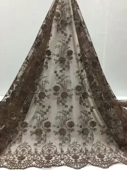 

French Net Lace Fabric 2019 Latest African Lace Fabric With Embroidery Mesh Tulle Lace Fabric High quality Nigerian Coffee Color