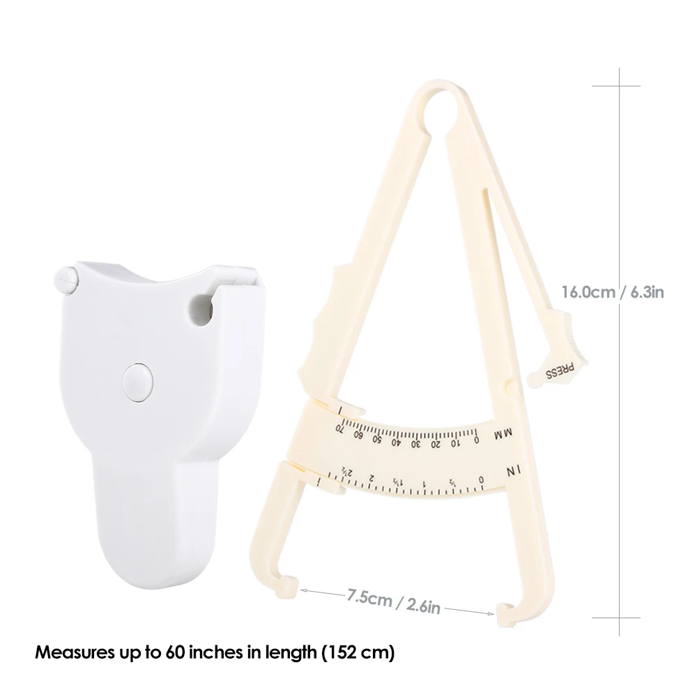 70mm Skinfold Body Fat Caliper Set Body Fat Tester Body Skinfold Measurement Tool with Measure Tape White