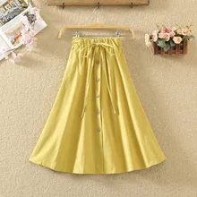 Летние Осенние юбки женские миди до колена корейская элегантная кружевная Талия дикие Свободные Твердые кнопки Досуг льняная юбка 4,20