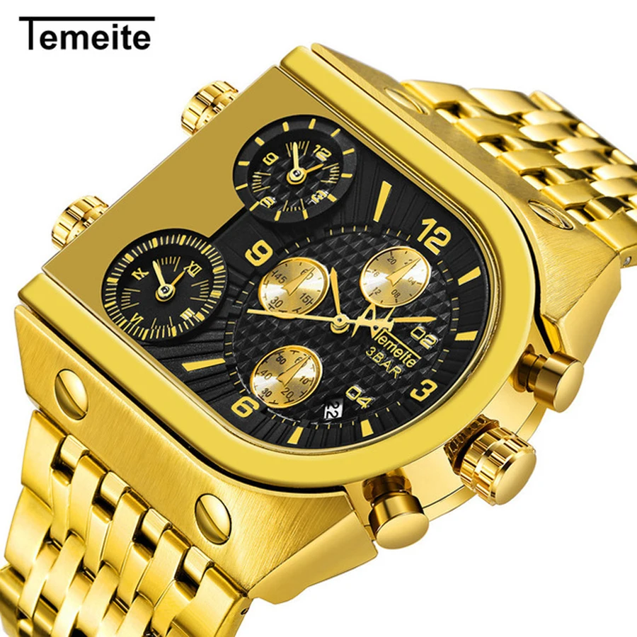 

Golden Watches Men Fashion Three Time Zone Quartz Watch Men Auto Date Clock Stainless Steel Strap Business Wristwatch Mens