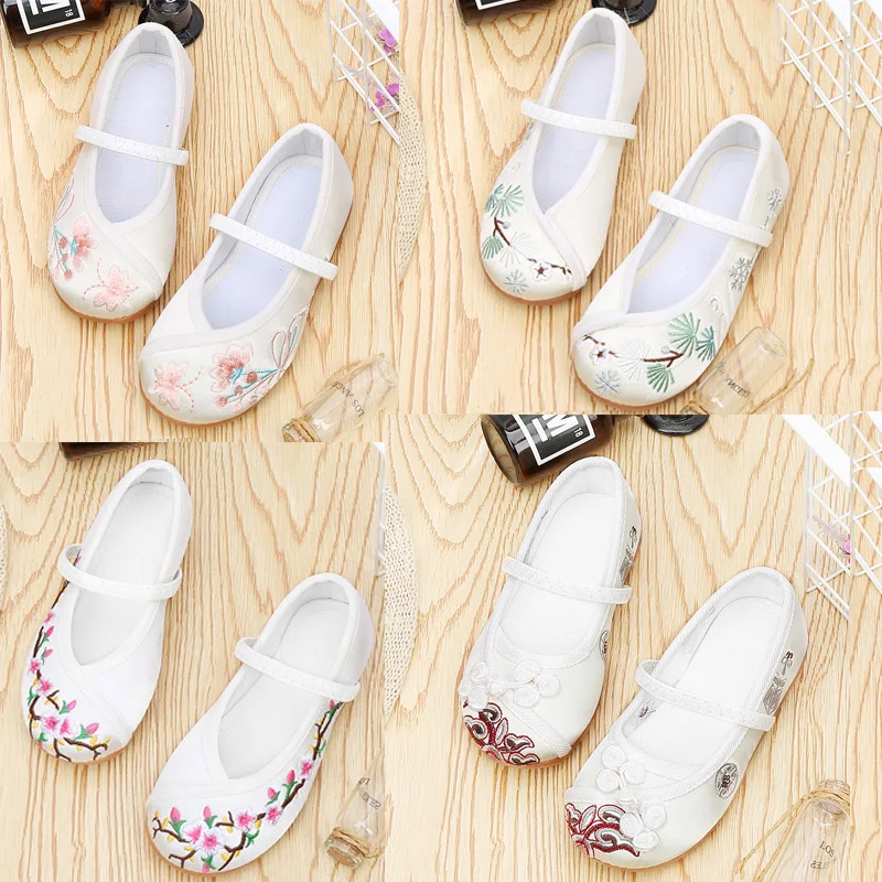 

3 4 6 7 9 Years Old Flower Children's Little Baby Girl White Embroidery Canvas Flats Princes Shoes For Girls Ballet Dance Shoes