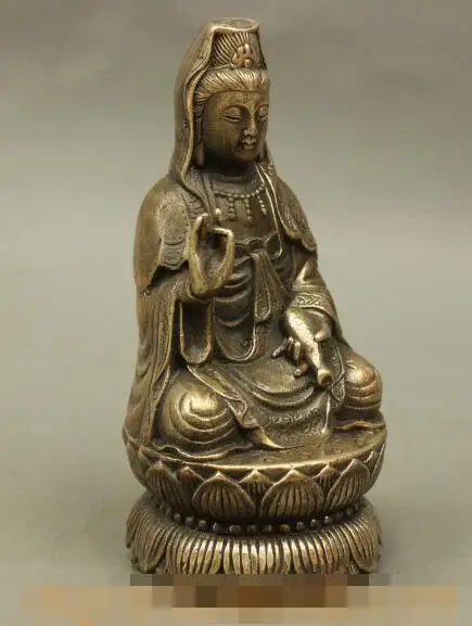 

S3924 Folk Chinese Bronze Copper Lotus Vase Guan Yin Kwan-Yin Buddha Statue Sculpture