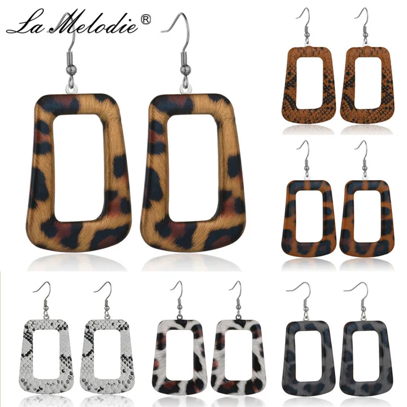 

2019 New Geometric Square Round Leopard Print Drop Earrings For Women Snakeskin Pattern Scales Leather Dangle Earring For Female