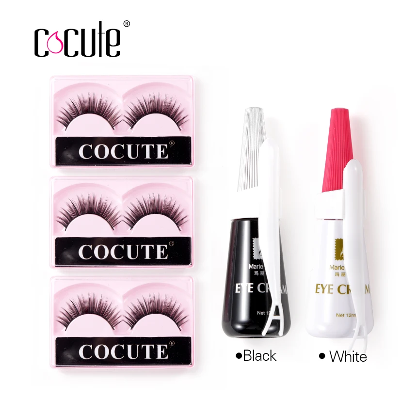 

Cocute 3 Pair/lot False Eyelashes Long Fake Lashes Waterproof False Eyelashes Free Gift White or Black Adhesive Glue