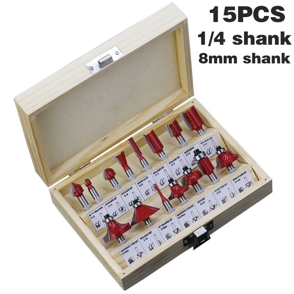

15pcs/set 8mm Shank Wood Engraving Cutting Tools Router Bit Set 1/4'' Shank Tungsten Carbide Woodworking Milling Cutters