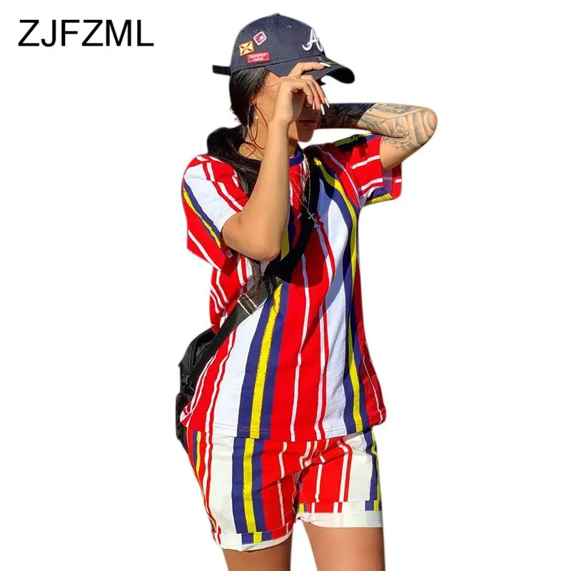 

Vertical Striped Sexy Two Piece Tracksuit Women Clothes O Neck Short Sleeve T Shirt + Biker Shorts Casual 2 Piece Matching Sets