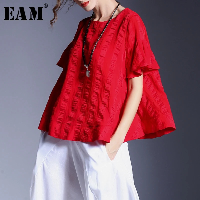 [EAM] 2018 New Summer Fashion Tide Red O-neck Flare Sleeve Striped Loose Big Size Simple Casual Woman T-shirt S907