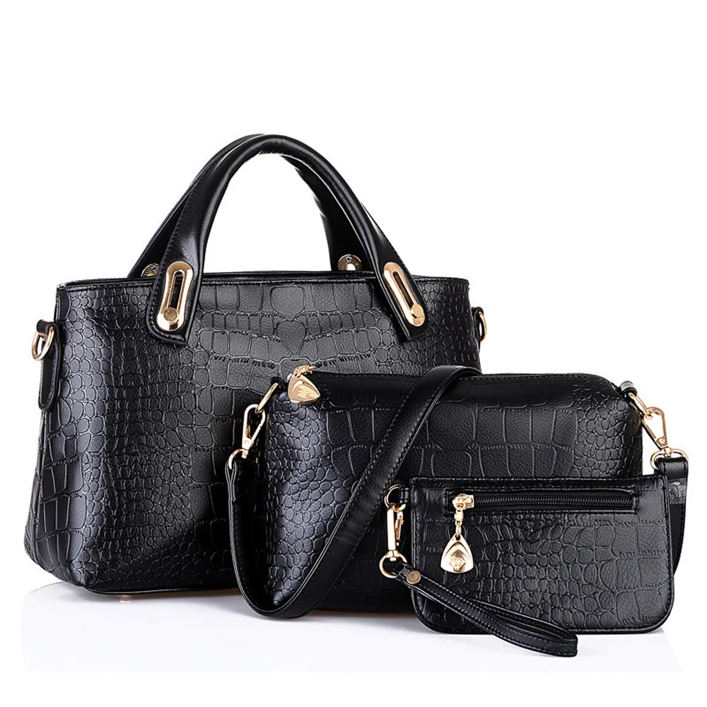 3 комплекта, женская сумка, сумки через плечо, сумка-тоут, кошелек, кожаная женская брендовая сумка-мессенджер, роскошные сумки, женская дизайнерская сумка на плечо# 5 - Цвет: Black