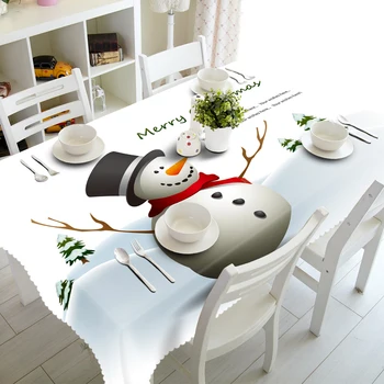 

Home Decorations 3d Tablecloth Cute Christmas Snowman Theme Pattern Washable Cotton Rectangular and Round New Year Table cloth