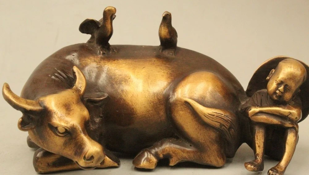 

6"Chinese China Fengshui Bronze Shepherd Boy Bird Bull Oxen Statue Sculpture