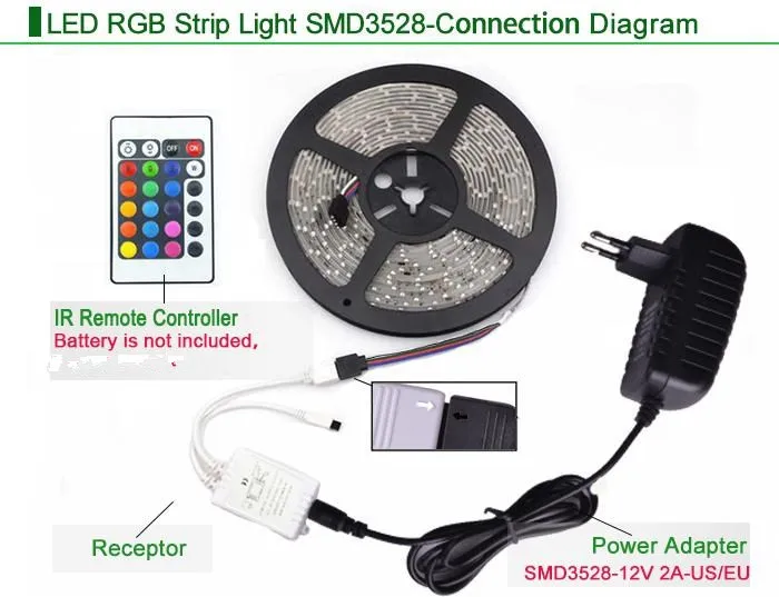 RGB светодиодный светильник 3528SMD 60 светодиодный/s 5 м гибкий ленточный светильник 16 цветов с ИК-пультом дистанционного управления, адаптер питания 2A DC12V