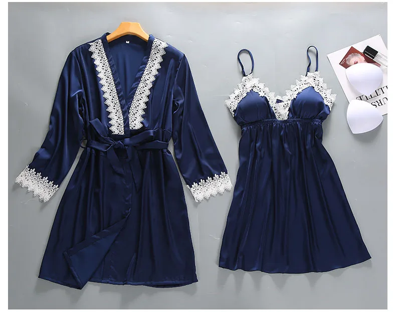Queenral 2PCS Robe Gown Sets Women's Sleepwear Women Sexy Lace Bathrobe + Mini Night Dress Bathrobe Nightie Set Summer Lingerie 7