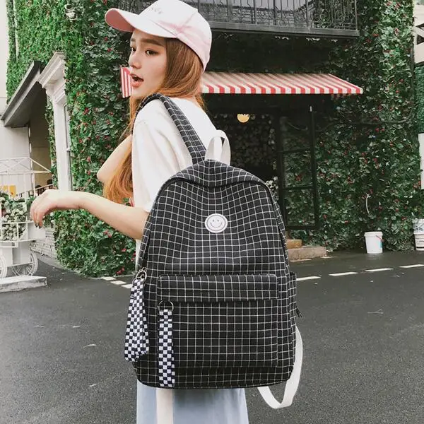 Черно-белый школьный рюкзак с узором в клетку, женский корейский школьный рюкзак, студенческий рюкзак в стиле колледжа, сумка через плечо