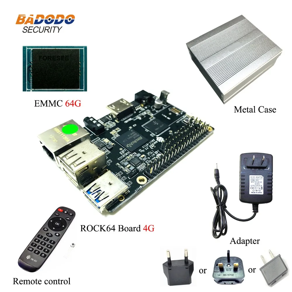 ROCK64 PINE64 ТВ-приставка Android Linux медиа-макетная плата+ 1 ГБ/2 ГБ/4 ГБ LPDDR3+ 16 GB/32/64 Гб памяти на носителе EMMC+ металлический чехол+ 5V 3A адаптер переменного тока