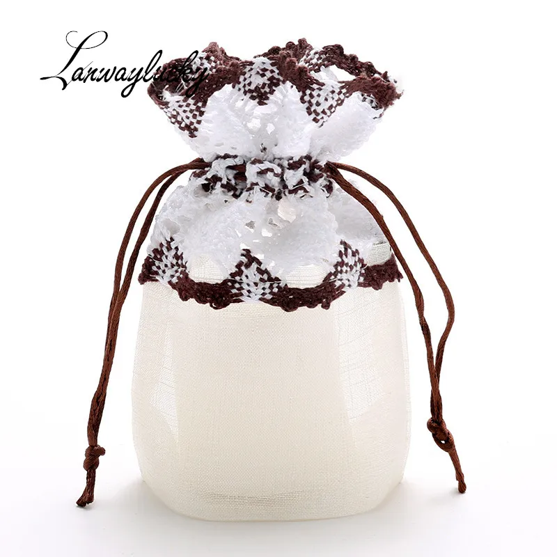 

10x14cm Drawstring Gift Bags Wedding Christmas Party Favors Packing Jewelry Pouch Slub Yarn Cotton Side Coffee Ribbon Lace Bag