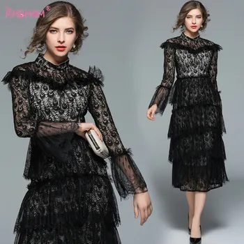 

High Quality 2018 Spring Black Lace Dresses Women's Long Sleeve Elegant Party Hollow Out Vintage Long Dress AMBMCM