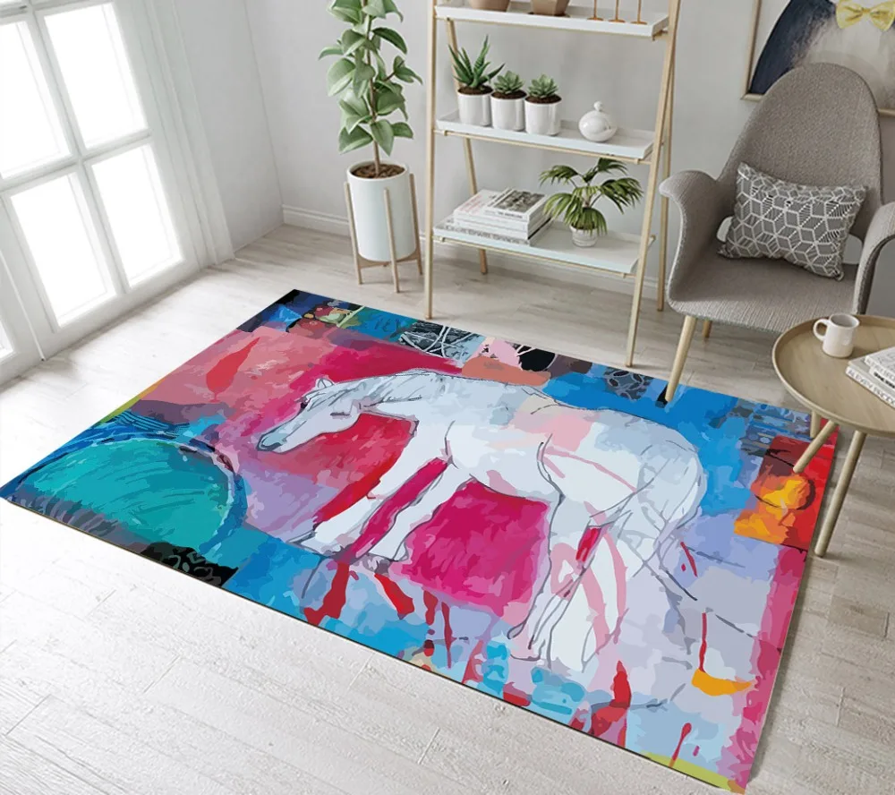 Us 19 65 43 Off Lb Abstract White Horse Large Area Rug And Carpet Bedroom Kitchen Absorbent Floor Mat For Kids Home Living Room Bathroom Cushion In