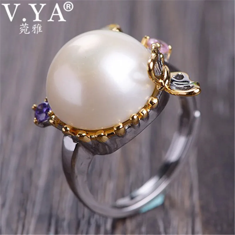

V.YA Cute Butterfly 925 Sterling Silver Ring Natural Freshwater Pearl Jewelry Adjustable Rings for Women bague Gifts