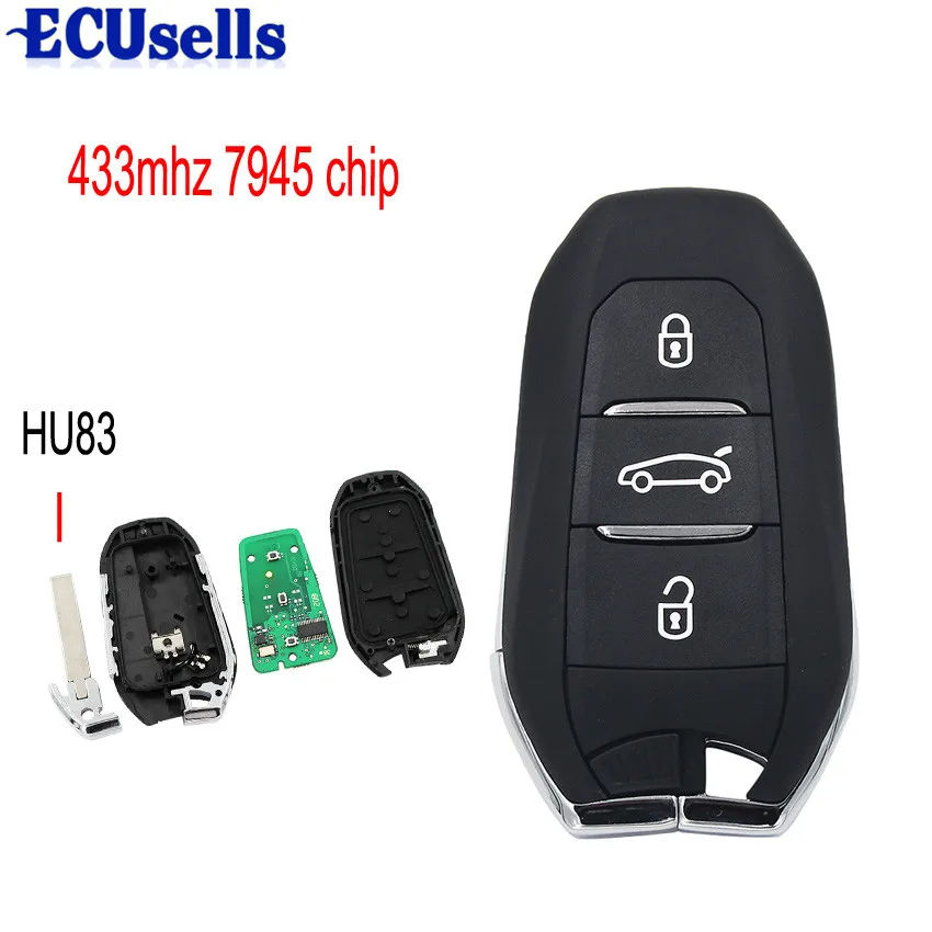 

3 Buttons DS Smart Remote key 433MHz 7945 Chip for Peugeot 508 with Emergency Key HU83
