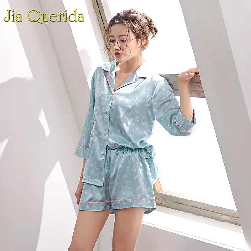 

J&Q Pijama Female Women Spring 2019 Loungewear Women Satin Pajamas Pyjamas Lapel Silk Pijama Quality Sleep Wear Home Wear Women