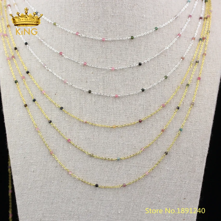 

5meters Small Natural Stones Loose Beads Rosary Chains Fine Jewelry,Faceted Round Rainbow Tourmaline Beaded Chain Chokers ZJ258