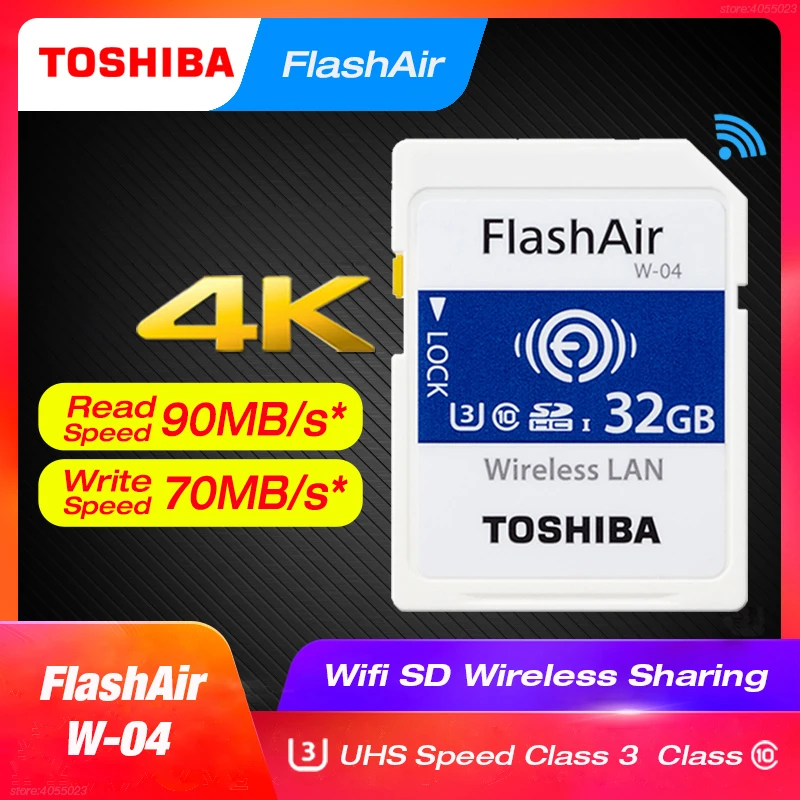 TOSHIBA FlashAir W-04, WiFi, SD карта, 64 ГБ, SDXC, 32 ГБ, 16 ГБ, SDHC, класс 10, U3, карта памяти, флеш-карта для цифровой камеры