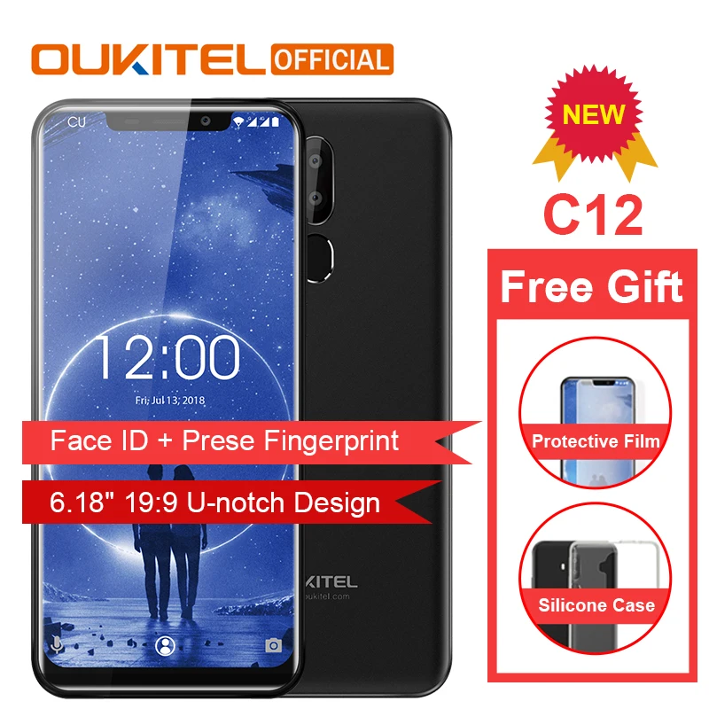 

OUKITEL C12 Face ID 6.18" 19:9 Smartphone Fingerprint Android 8.1 Mobile Phone MTK6580 Quad Core 2G RAM 16G ROM 3300mAh Unlock