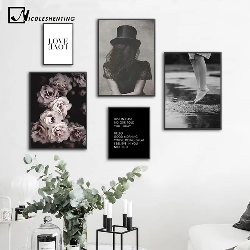 

Scandinavian Girl Canvas Painting Nordic Poster Black White Flower Pop Art Print Decoration Wall Picture for Living Room Decor