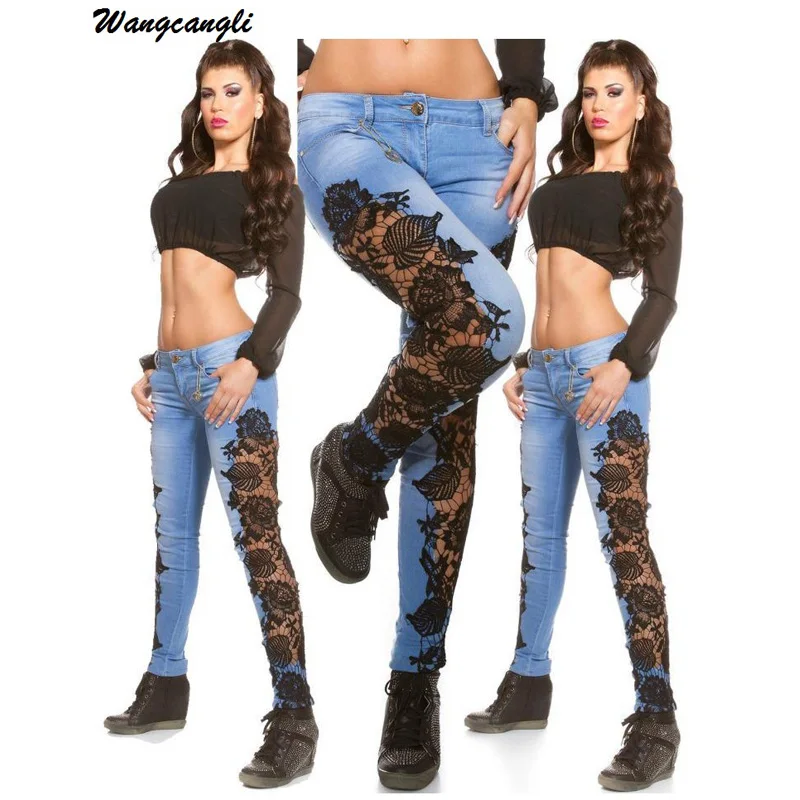 Wangcangli Fashion Jeans Women Lace Patchwork Skinny Hole Ripped Pencil Full Length Women Pant