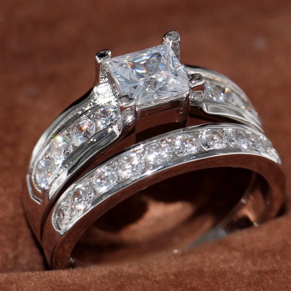 

Wholesale Brand New Fashion Jewelry 925 Sterling Silver Princess Cut 5A Clear Zirconia Party Women Wedding Couple Ring Set Gift