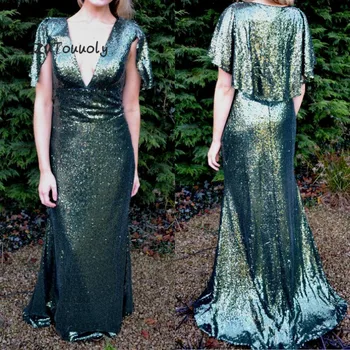 

Sparkly Green Sequin Evening Dresses Sexy Deep V Neck Long Prom Dress With Caped Glitter Formal Special Occasion Dress Plus Size