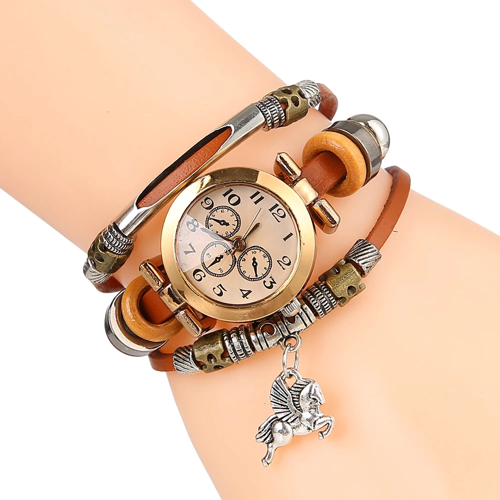 

Hot Retro Gold Women Fashion leather Horse Bracelet Quartz Wrist Watch Ladies Wristwatch Female Clock reloj mujer girl gift