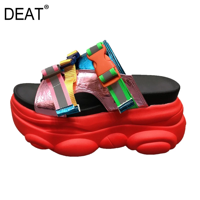 

[DEAT] 2019 New Spring Summer Round Toe Shallow Pu Leather Buckle Mixed Colors Casual Wedges Heels Slippers Women Fashion 10A809