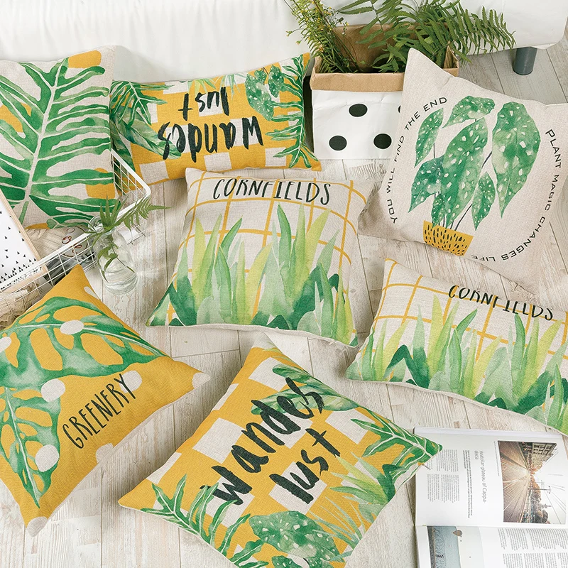 

Wholesales Linen Pillow Cover Cushion Cover Watercolor Green Yellow Leaves Natural Home Decorative Pillow Case 45x45cm/30x50cm
