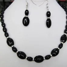 8x12 мм и 13x18 Черный Камень Оникс Самоцветы цепочки ожерелья 1" серьги комплект> покрытием часы кварцевый камень CZ Кристалл